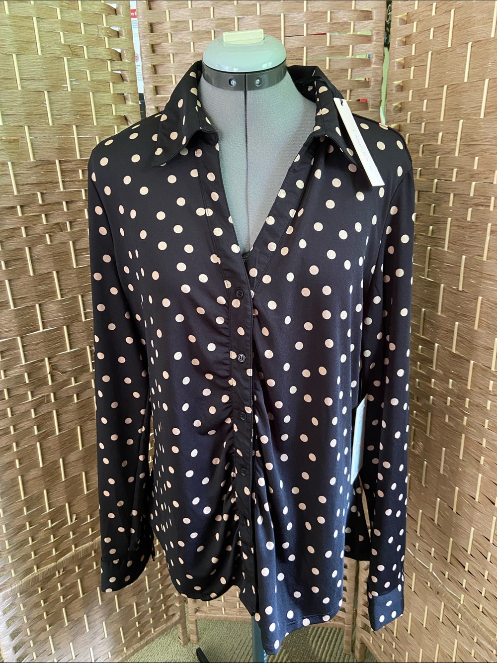 NWT Tamara H. Black & Tan Polka Dot Ruched Button-Down Blouse Size XL